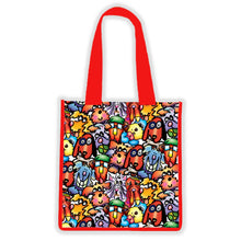 Front display of the 'Furrfuggnoogins' vinyl tote, adorned with an array of colorful characters by Debby Carman.