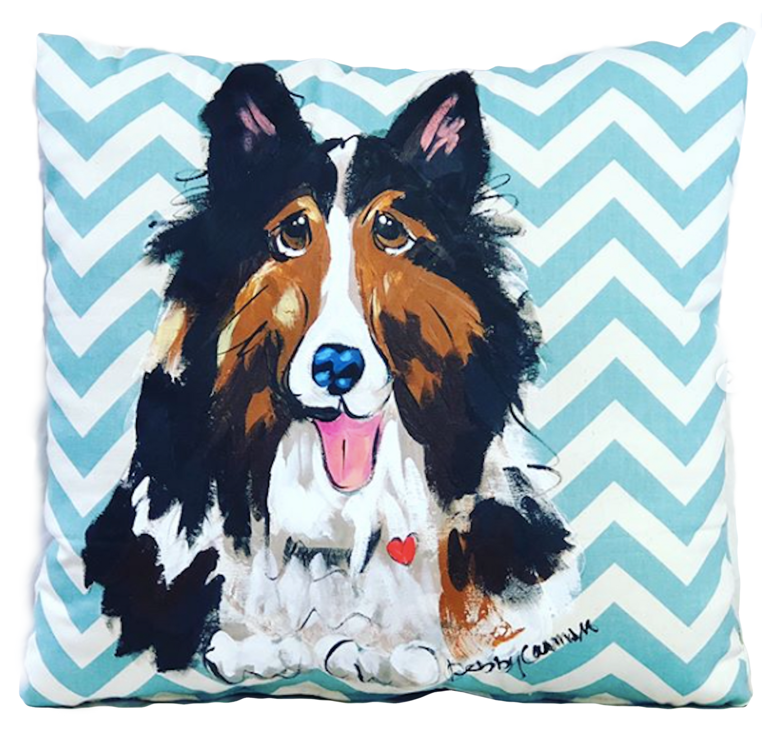 Collie Dog Pillow Hand Painted on Chevron Stripe Pattern Cotton Canvas Square Stuffed Pillow by Debby Carman  