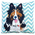 Collie Dog Pillow Hand Painted on Chevron Stripe Pattern Cotton Canvas Square Stuffed Pillow by Debby Carman  