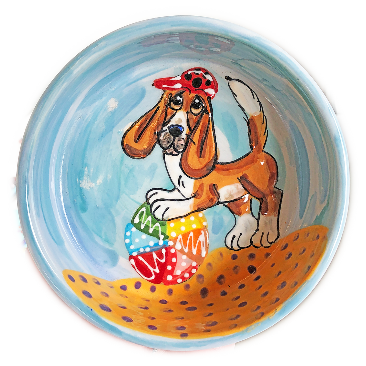 MAGE OF BASSET HOUND PLAYING WITH BEACH BALL IN THE SAND HAND PAINTED BY FAUX PAW PRODUCTIONS ARTIST Debby Carman ON CERAMIC FOOD OR WATER BOWL