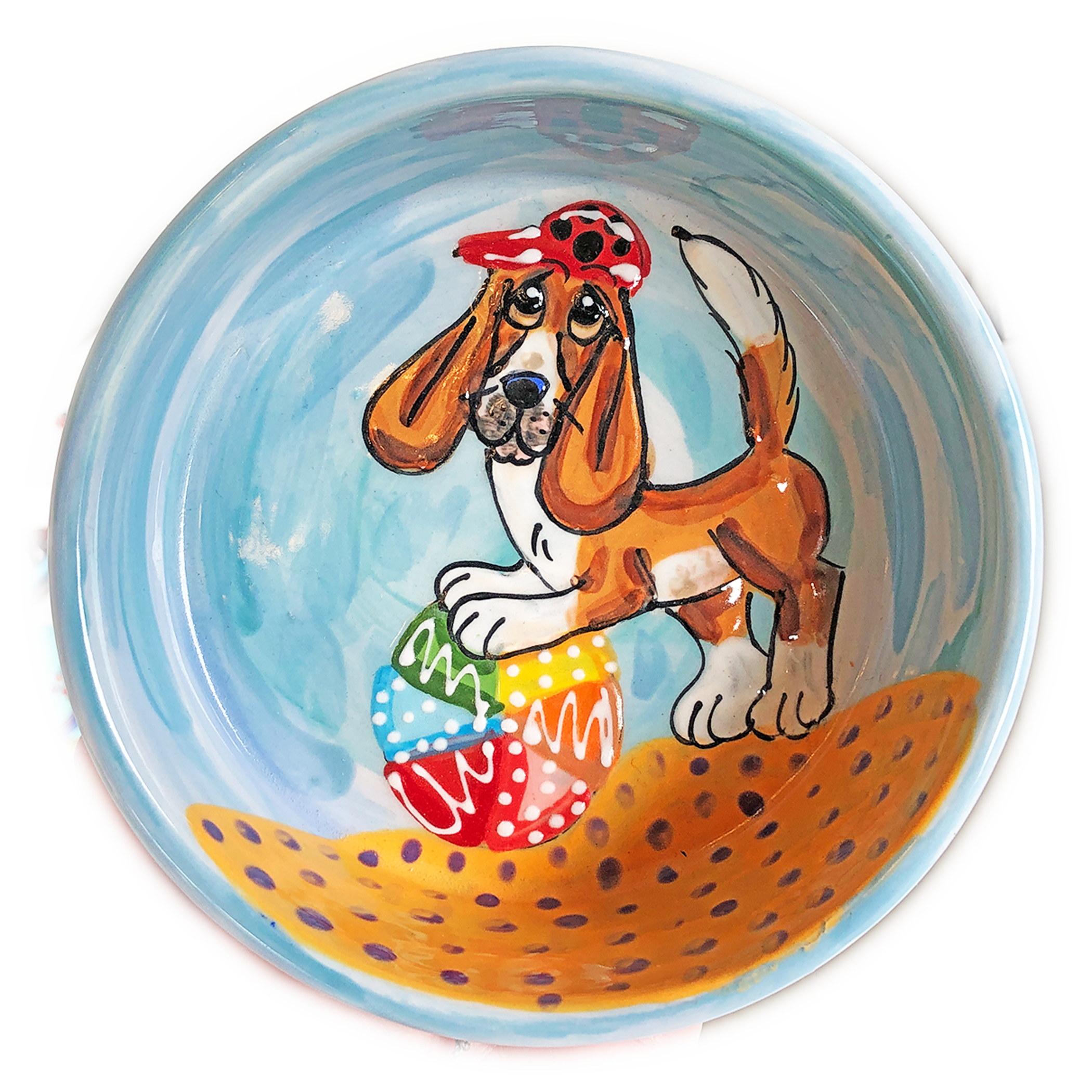 MAGE OF BASSET HOUND PLAYING WITH BEACH BALL IN THE SAND HAND PAINTED BY FAUX PAW PRODUCTIONS ARTIST Debby Carman ON CERAMIC FOOD OR WATER BOWL