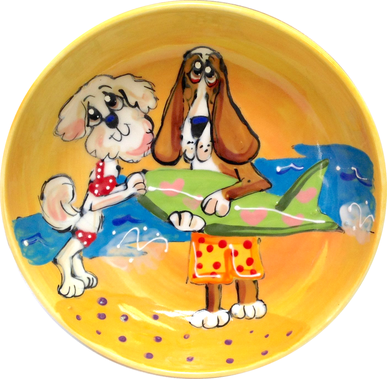 Maltese art / bichon art / basset hound art / dog bowl / whimsical / large dog bowl / small dog bowl / ceramic / pottery / faux paw petique / faux Paw Artique / Debby Carman / pet portrait / dog dishes / sturdy dog bowl / custom dog bowl / personalized pet bowls / water dish / pet supplies / unique pet gift / what is a good dog bowl / best dog bowls / dog art / funny dog / pet ceramics