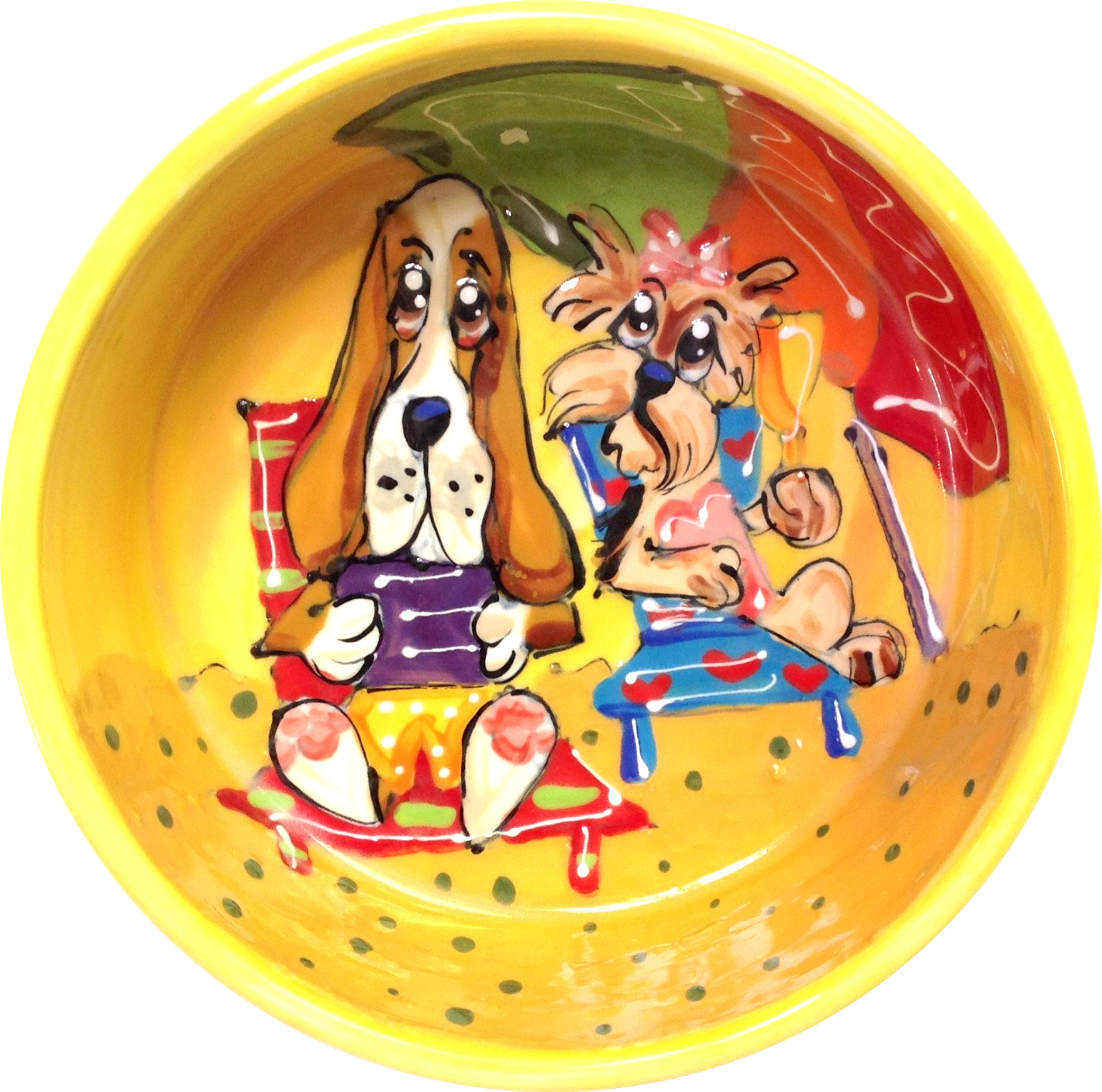 yorkie / dog  art / basset hound art / dog bowl / whimsical / large dog bowl / small dog bowl / ceramic / pottery / faux paw petique / faux Paw Artique / Debby Carman / pet portrait / dog dishes / sturdy dog bowl / custom dog bowl / personalized pet bowls / water dish / pet supplies / unique pet gift / what is a good dog bowl / best dog bowls / dog art / funny dog / pet ceramics