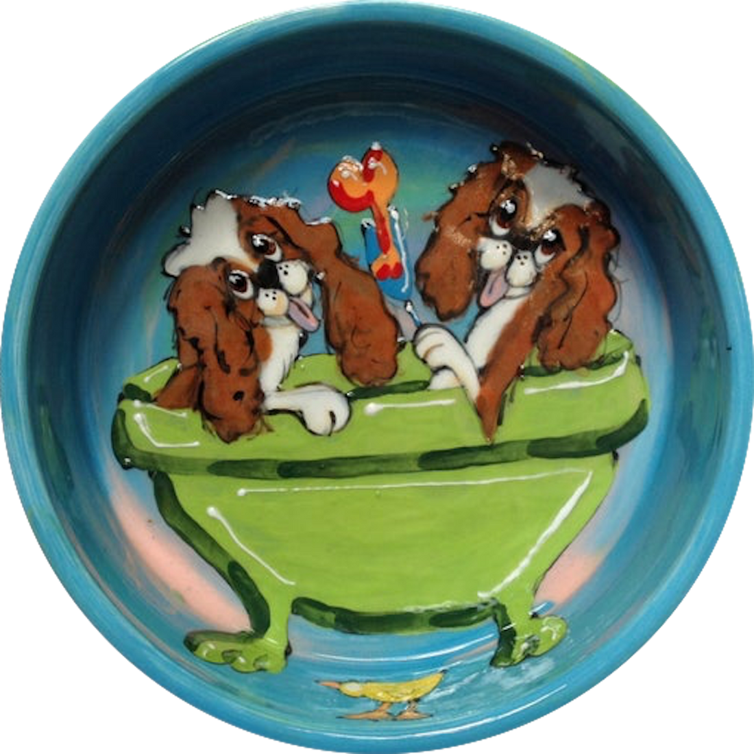 King Charles cavalier in bathtub painted on ceramic dog food and water bowl