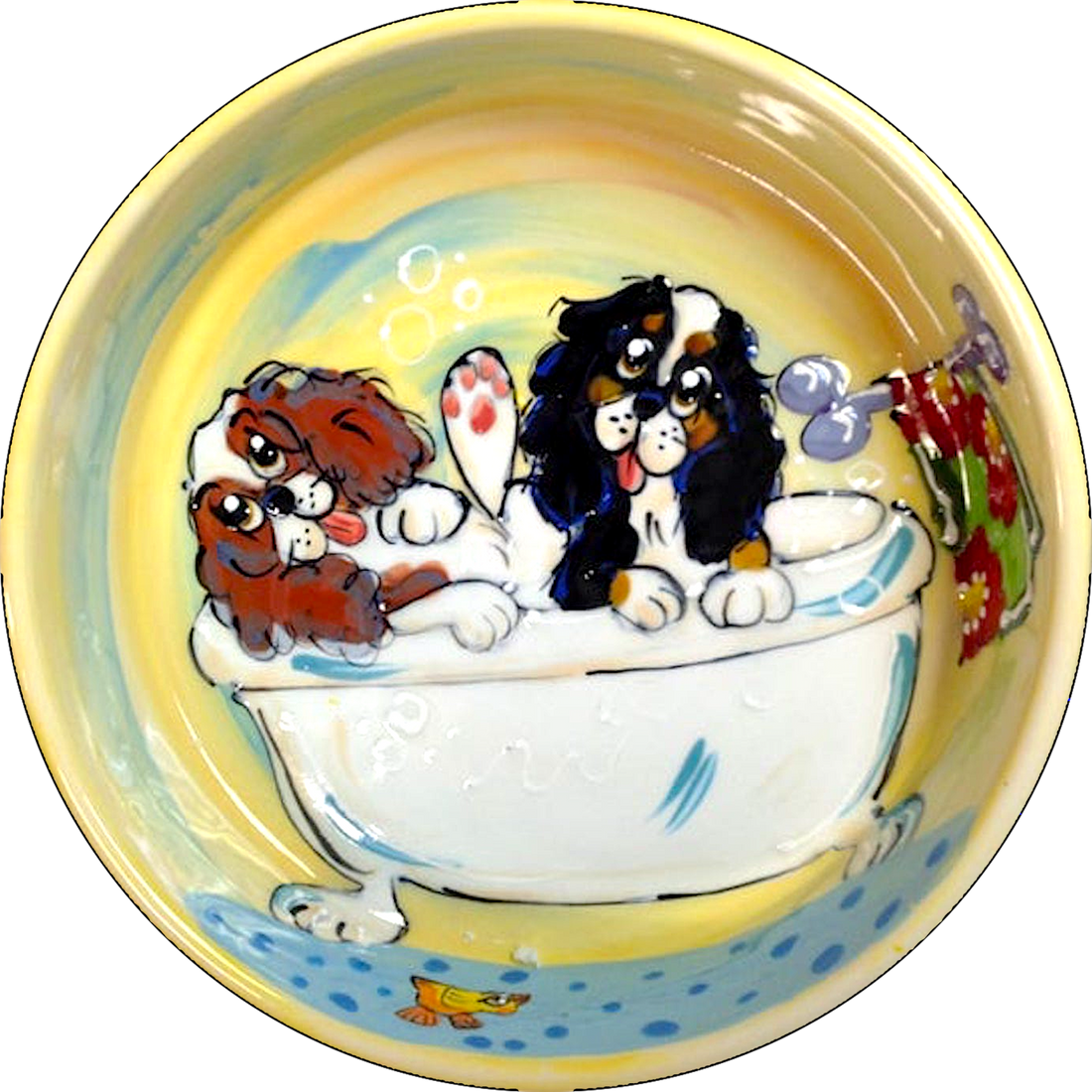 image of custom pet bowl featuring cavalier King Charles bath time hand painted by faux paw productions artist Debby Carman 