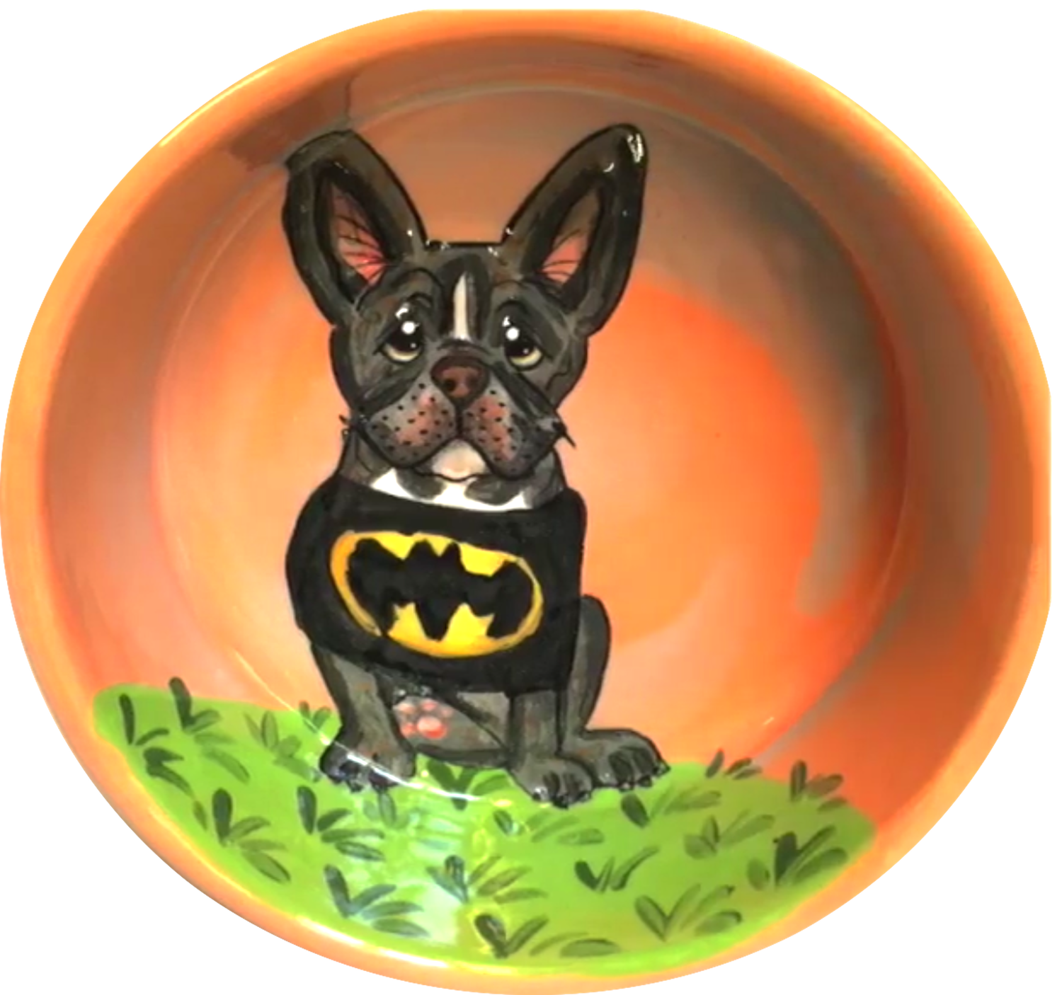 photo of orange ceramic pet bowl with bat dog French bulldog or Boston Terrier in batman dog shirt costume, by Debby Carman, faux paw petique