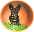 photo of orange ceramic pet bowl with bat dog French bulldog or Boston Terrier in batman dog shirt costume, by Debby Carman, faux paw petique