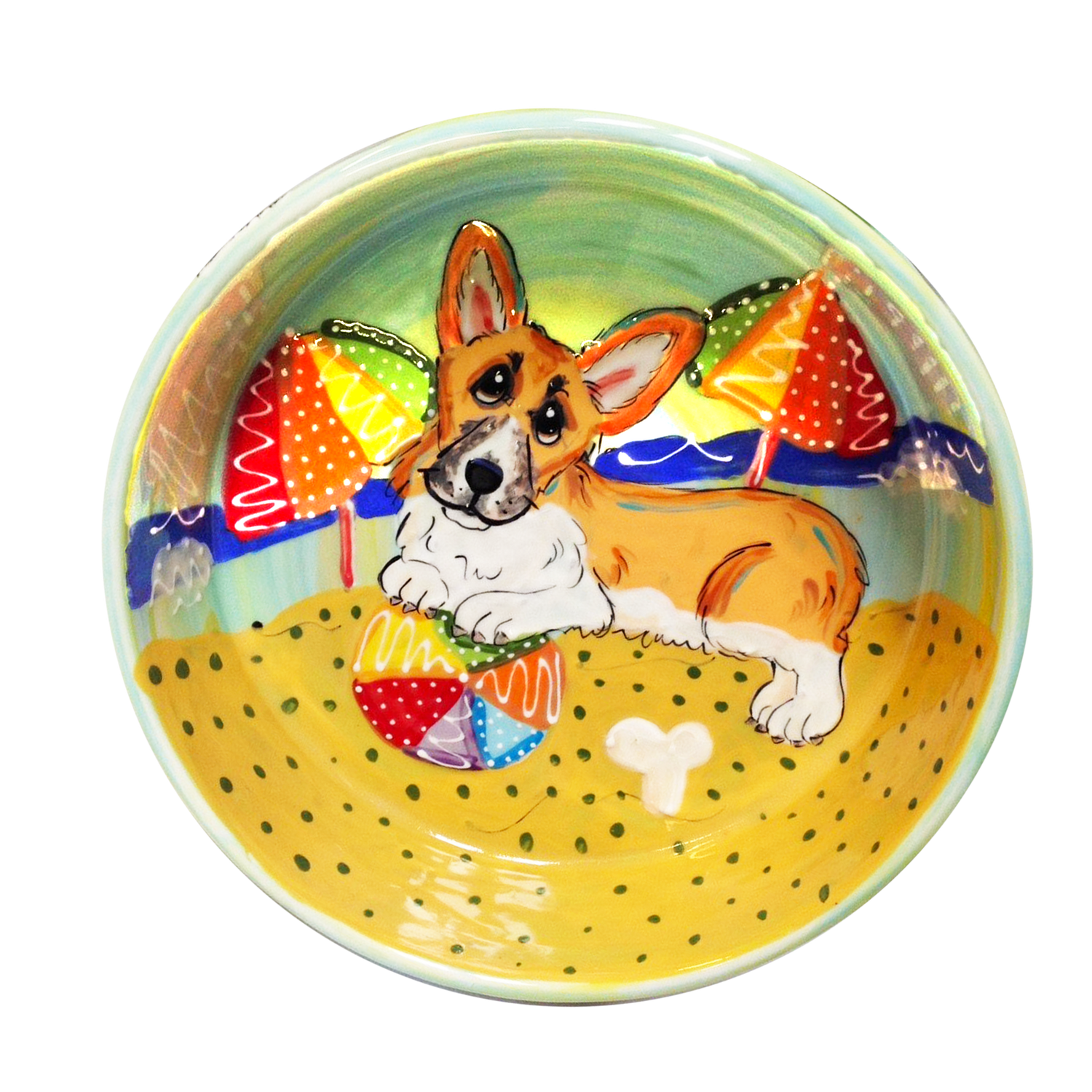 corgi on the beach ceramic bowl painted by debby carman 