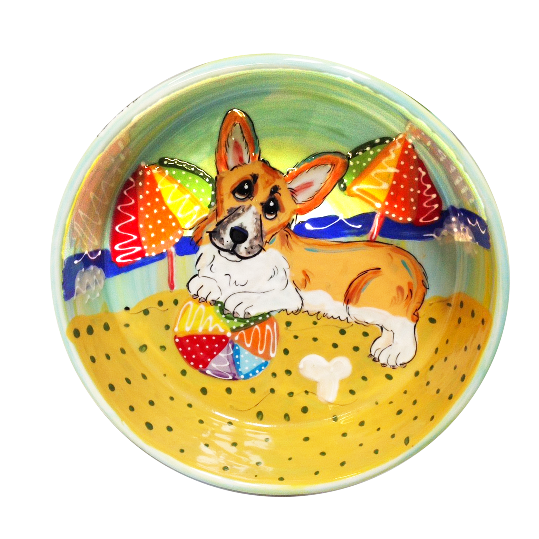 corgi on the beach ceramic bowl painted by debby carman 