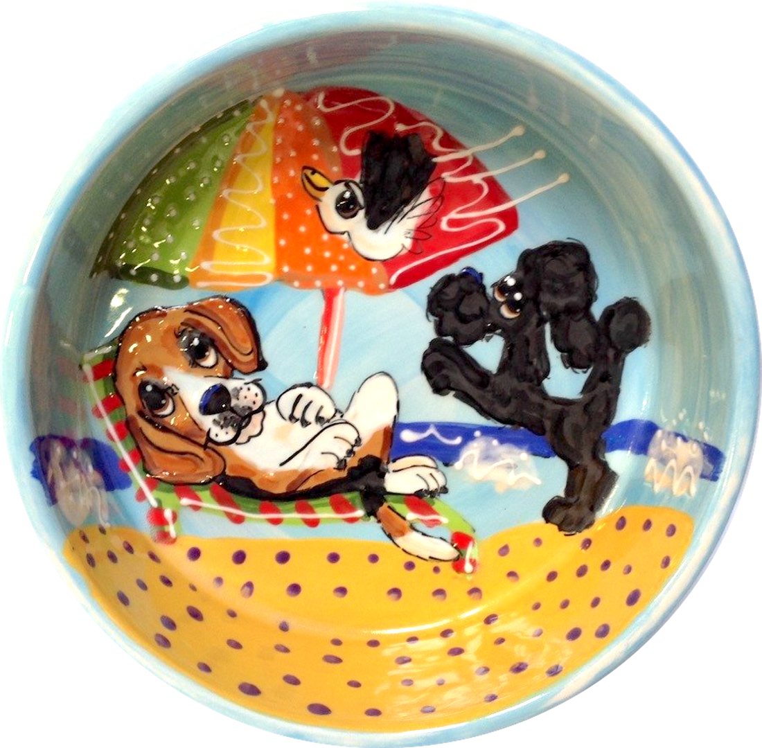 BEAGLE AND POODLE HAND PAINTED ON CERAMIC BOWL FOR PET FOOD OR WATER / Debby Carman / BEAGLE GIFT / POODLE GIFT / BLUE DOG BOWL / LARGE DOG BOWL