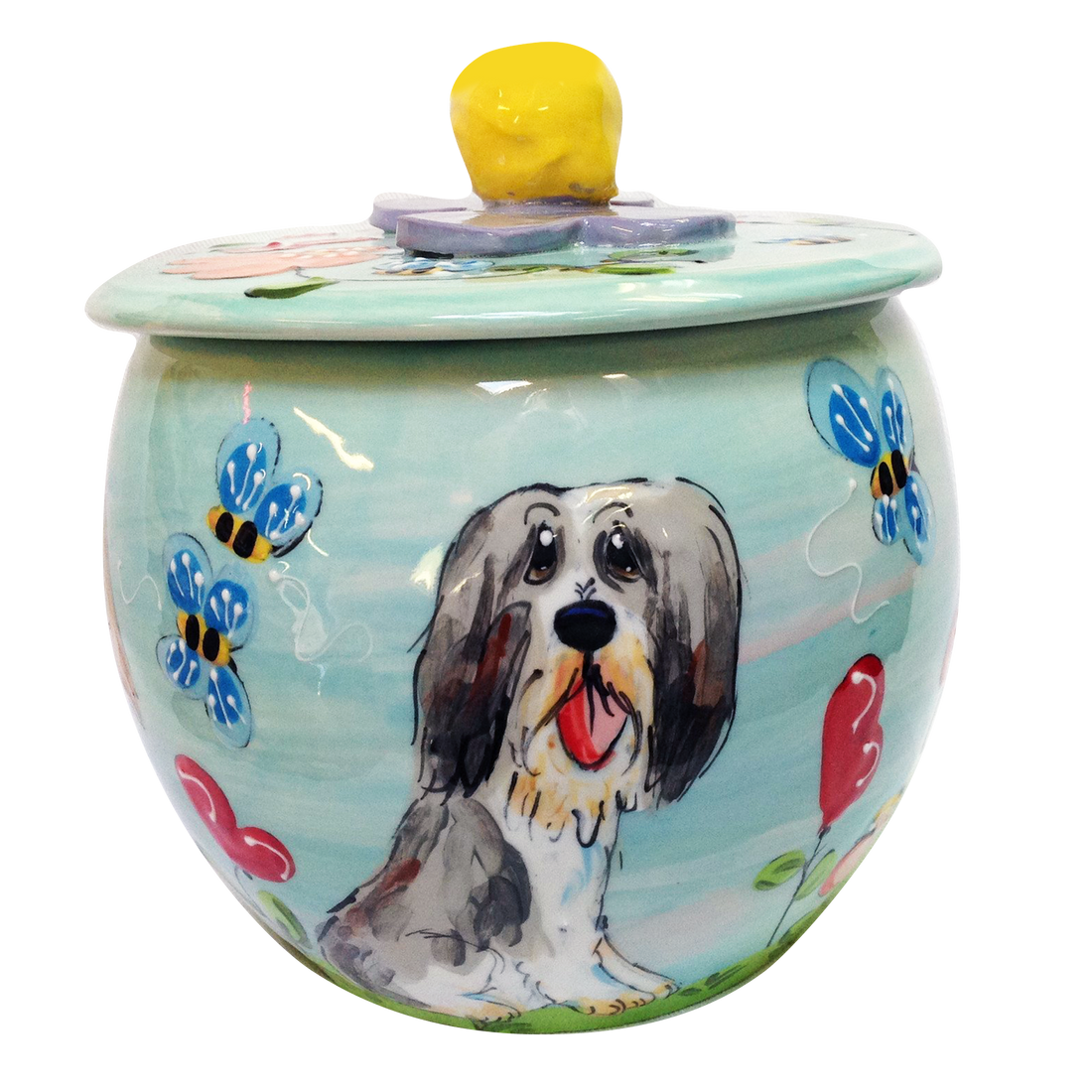 TREAT JAR WITH IMAGE OF BEARDED COLLIE SITTING IN FLOWER GARDEN BY FAUX PAW PRODUCTIONS