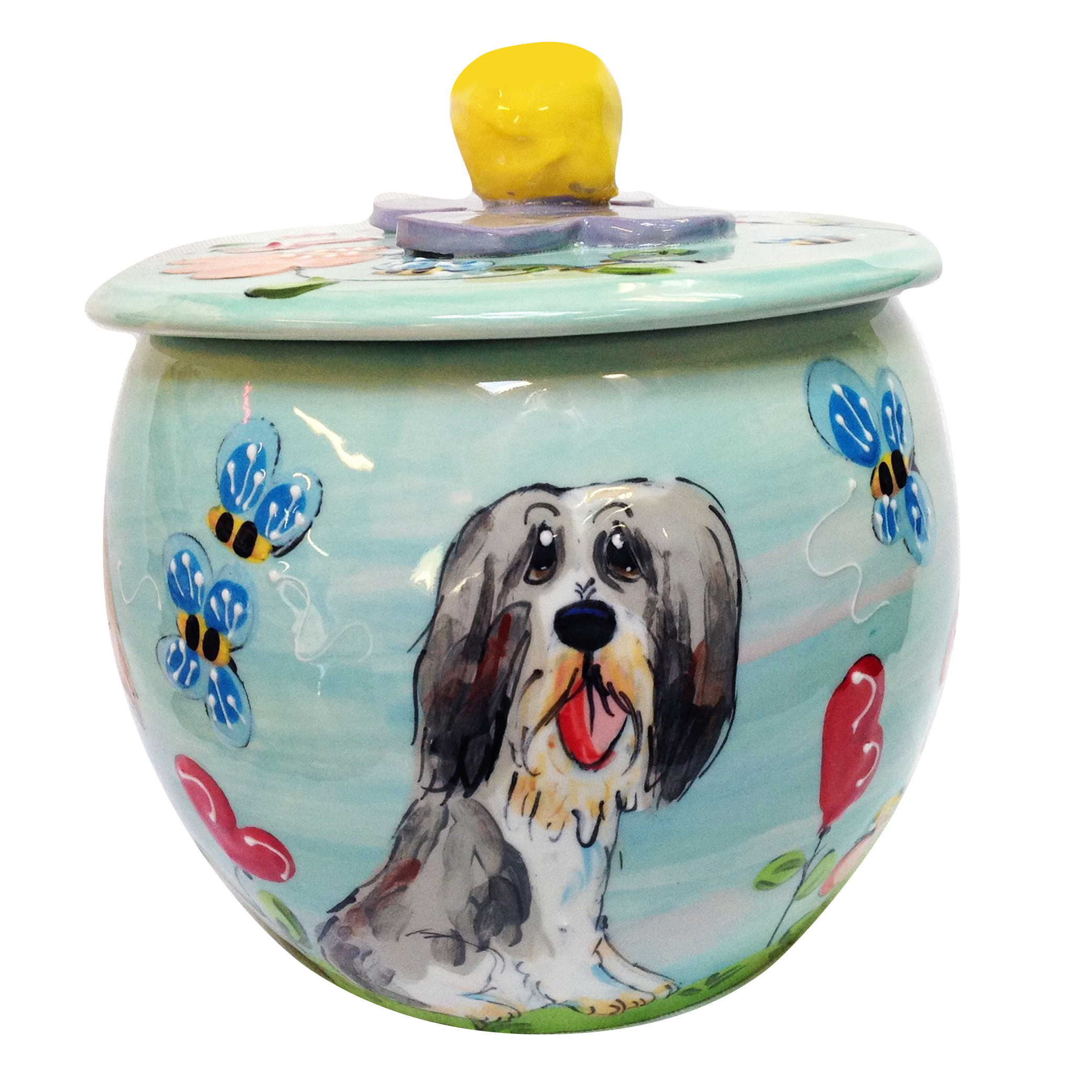 TREAT JAR WITH IMAGE OF BEARDED COLLIE SITTING IN FLOWER GARDEN BY FAUX PAW PRODUCTIONS