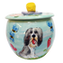 TREAT JAR WITH IMAGE OF BEARDED COLLIE SITTING IN FLOWER GARDEN BY FAUX PAW PRODUCTIONS