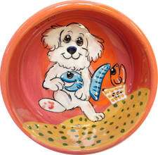 Bichon Frise dog bowl set with toy