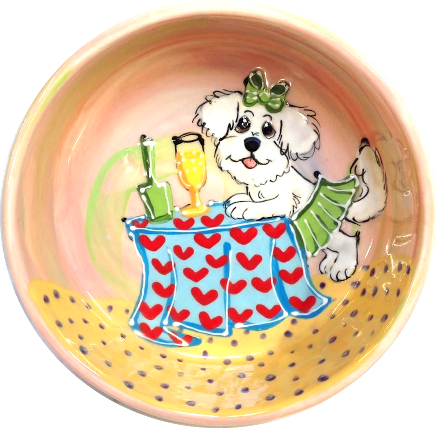 Champagne Dog / BICHON GIRL DOG BOWL CERAMIC / NO TIP / SIZE SMALL FOR FOOD OR WATER BY Debby Carman /  FAUX PAW PETIQUE  / Maltese art / bichon art / basset hound art / dog bowl / whimsical / large dog bowl / small dog bowl / ceramic / pottery / faux paw petique / faux Paw Artique / Debby Carman / pet portrait / dog dishes / sturdy dog bowl / custom dog bowl / personalized pet bowls / water dish / pet supplies / unique pet gift / what is a good dog bowl / best dog bowls / dog art / funny dog / pet ceramics