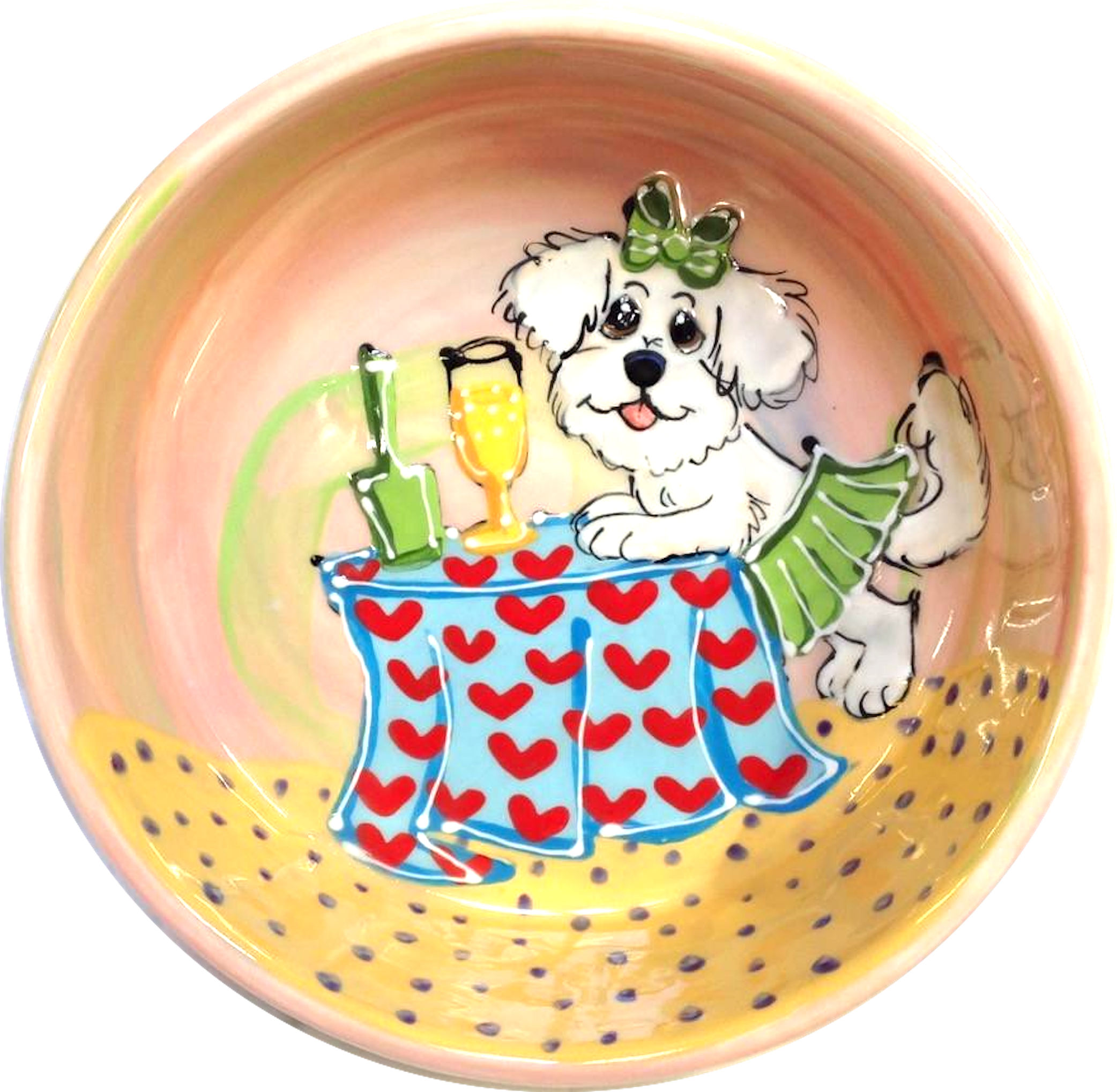 Champagne Dog / BICHON GIRL DOG BOWL CERAMIC / NO TIP / SIZE SMALL FOR FOOD OR WATER BY Debby Carman /  FAUX PAW PETIQUE  / Maltese art / bichon art / basset hound art / dog bowl / whimsical / large dog bowl / small dog bowl / ceramic / pottery / faux paw petique / faux Paw Artique / Debby Carman / pet portrait / dog dishes / sturdy dog bowl / custom dog bowl / personalized pet bowls / water dish / pet supplies / unique pet gift / what is a good dog bowl / best dog bowls / dog art / funny dog / pet ceramics