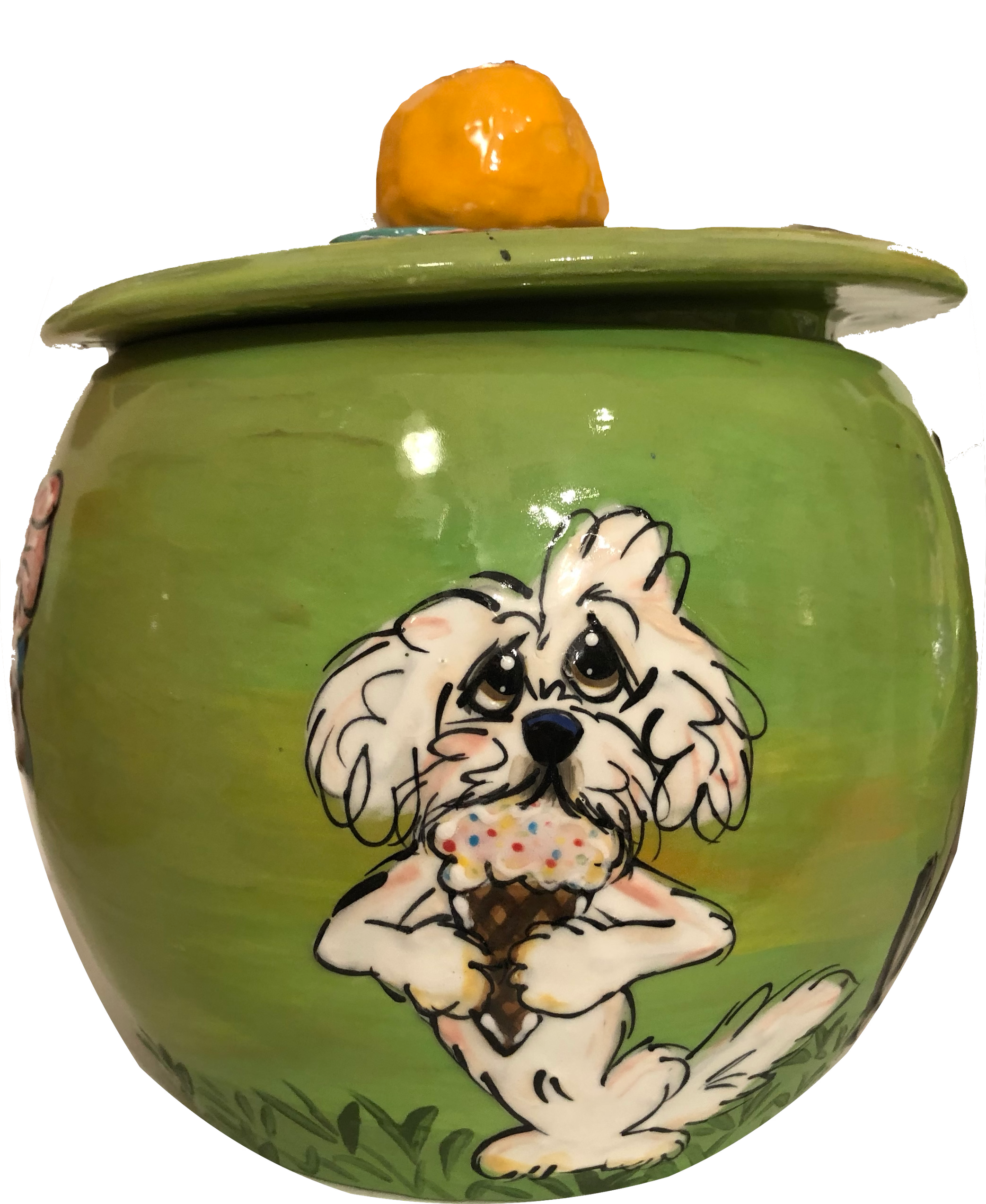 WHITE BICHON DOG ENJOYING ICE CREAM CONE HAND PAINTED BY Debby Carman ON GREEN CERAMIC DOG TREAT JAR FOR DOG COOKIES 