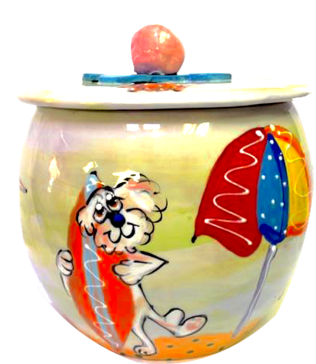 SURFS UP BICHON BEACH DOG HAND PAINTED ON CERAMIC DOG TREAT JAR BY Debby Carman  Edit alt text