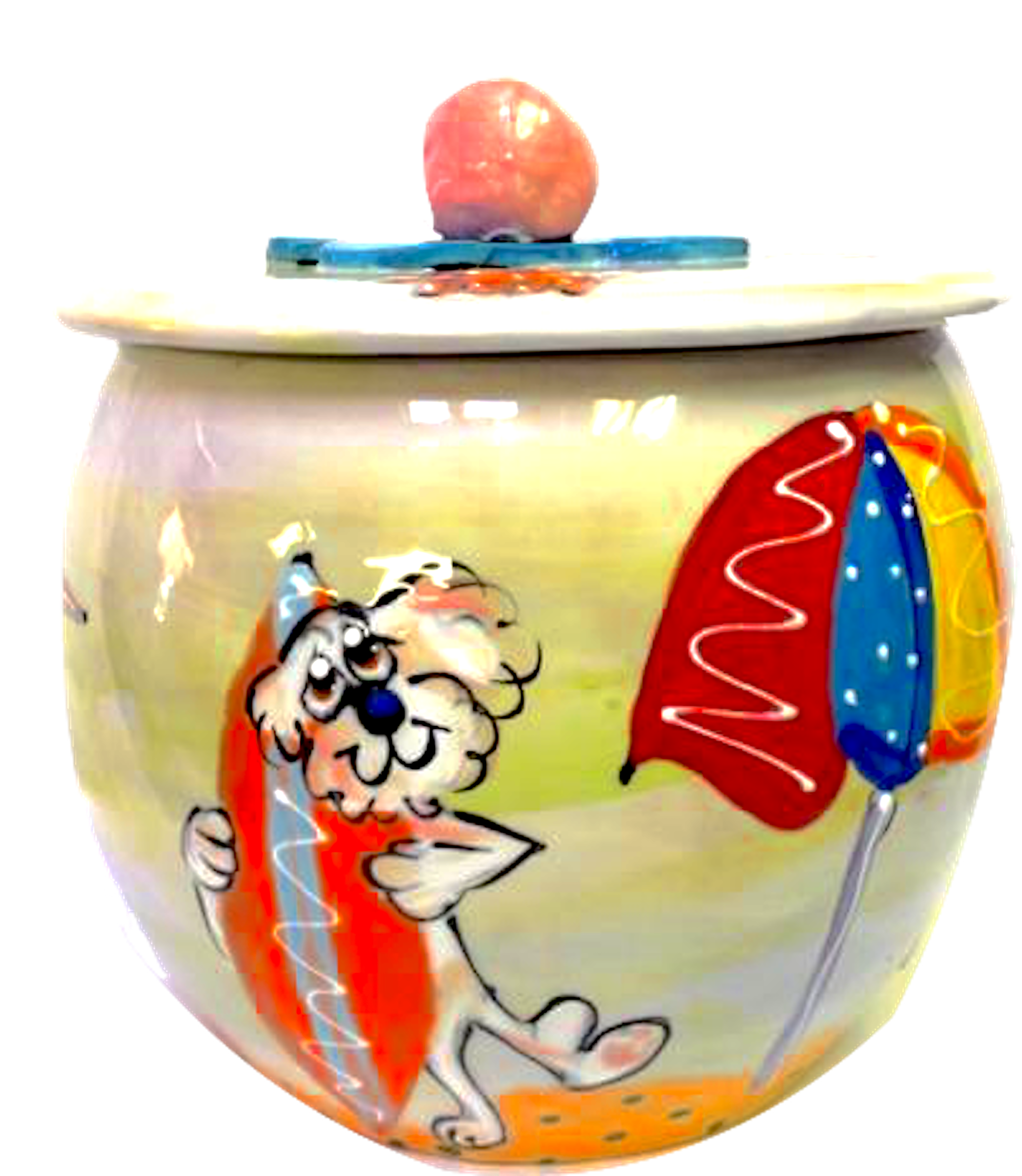 SURFS UP BICHON BEACH DOG HAND PAINTED ON CERAMIC DOG TREAT JAR BY Debby Carman  Edit alt text