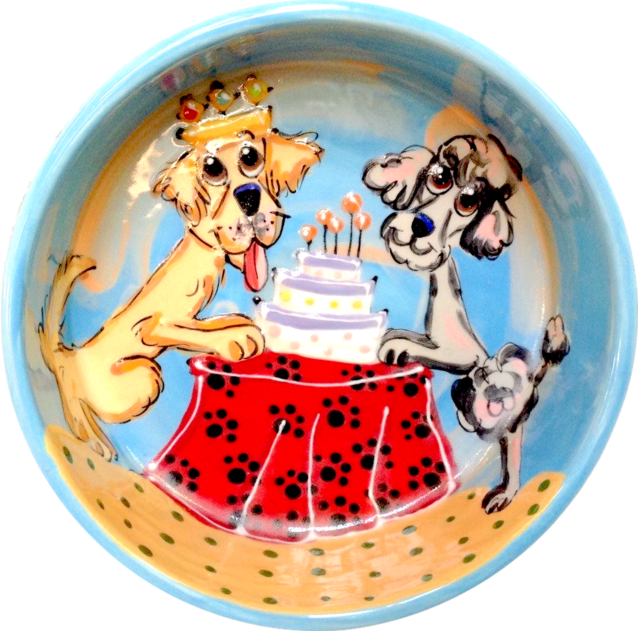 RETRIEVER AND POODLE BIRTHDAY PARTY DOG BOWL CERAMIC THEME DESIGNS CUSTOM PET GIFT HAND PAINTED BY DEBBY CARMAN