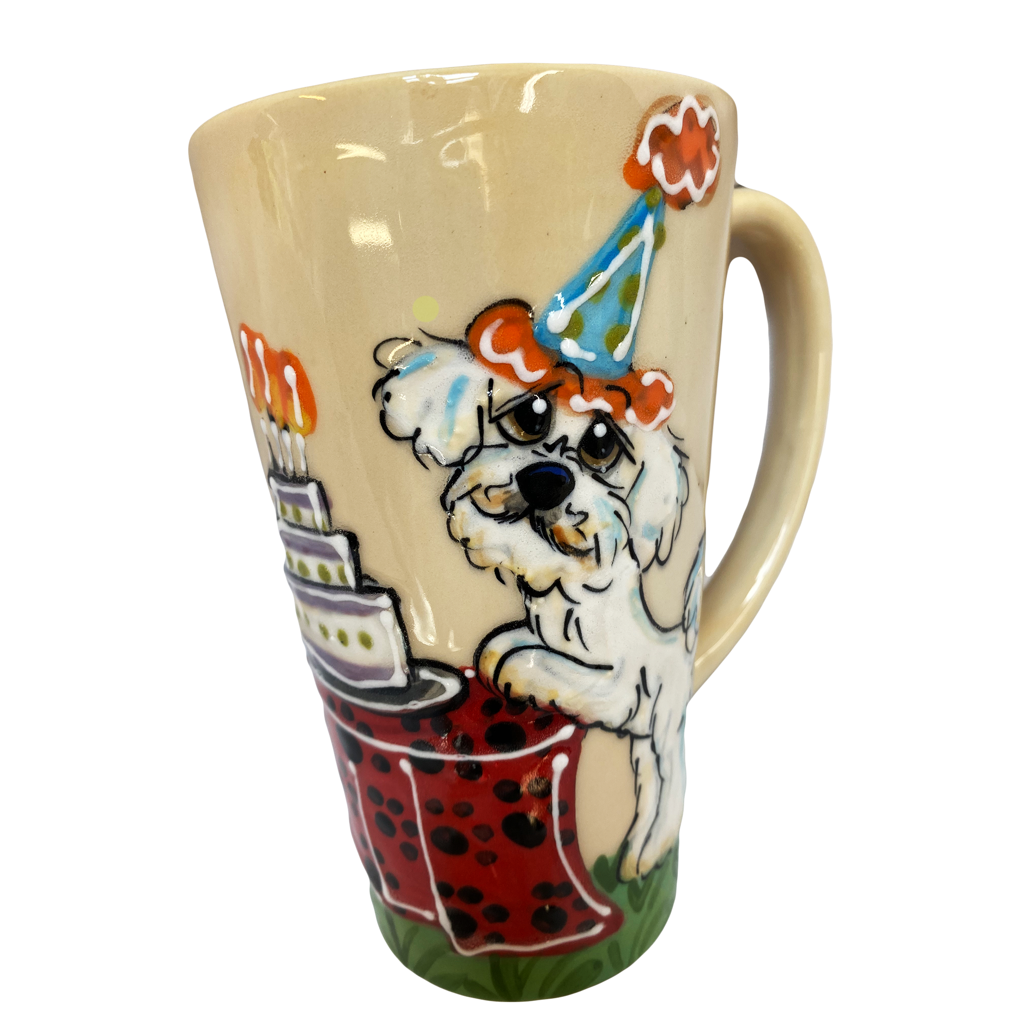 Dog Birthday Mug featuring white Maltese in birthday hat 