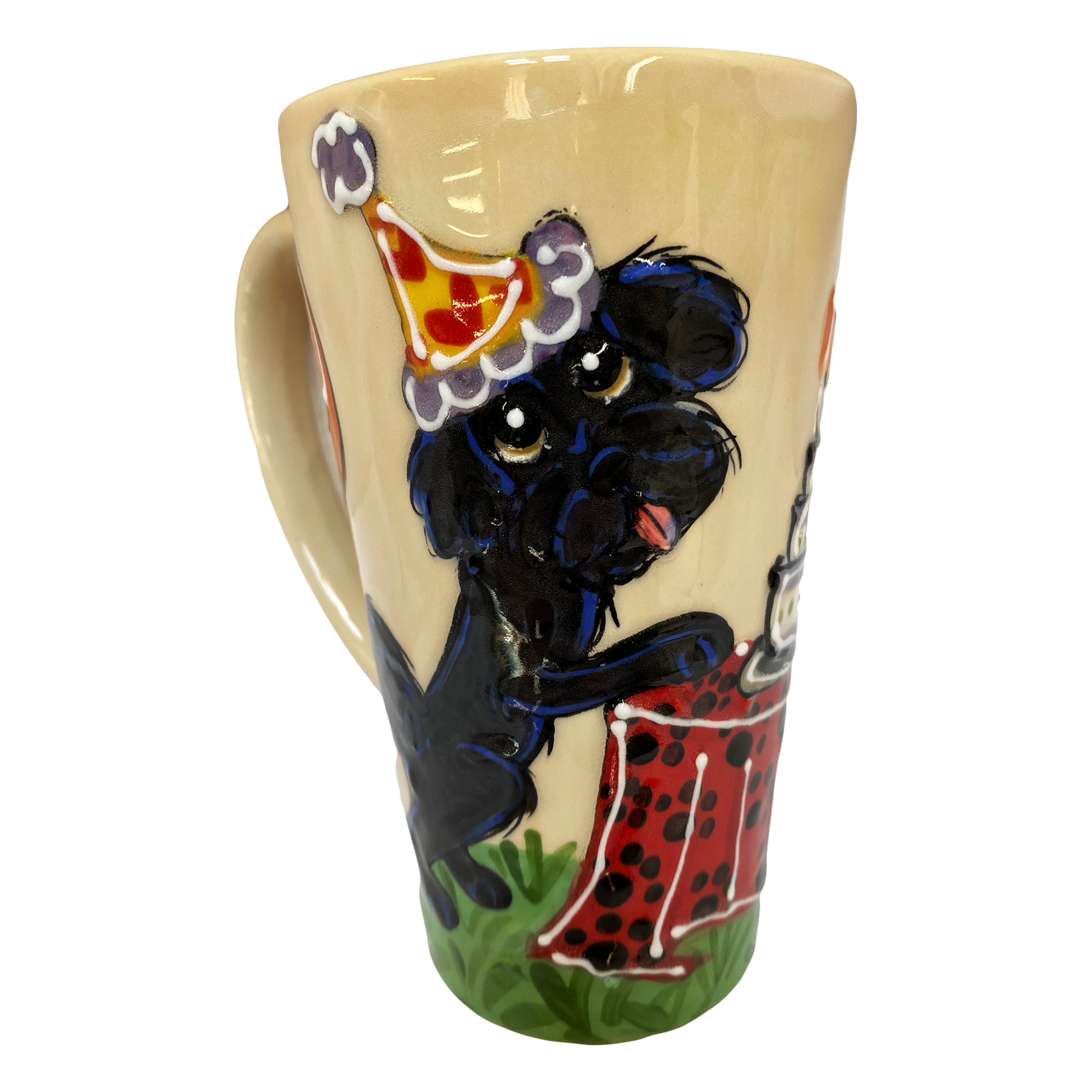 Black Maltese hand=painted on tall latte mug having a dog birthday party