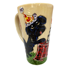 Black Maltese hand=painted on tall latte mug having a dog birthday party