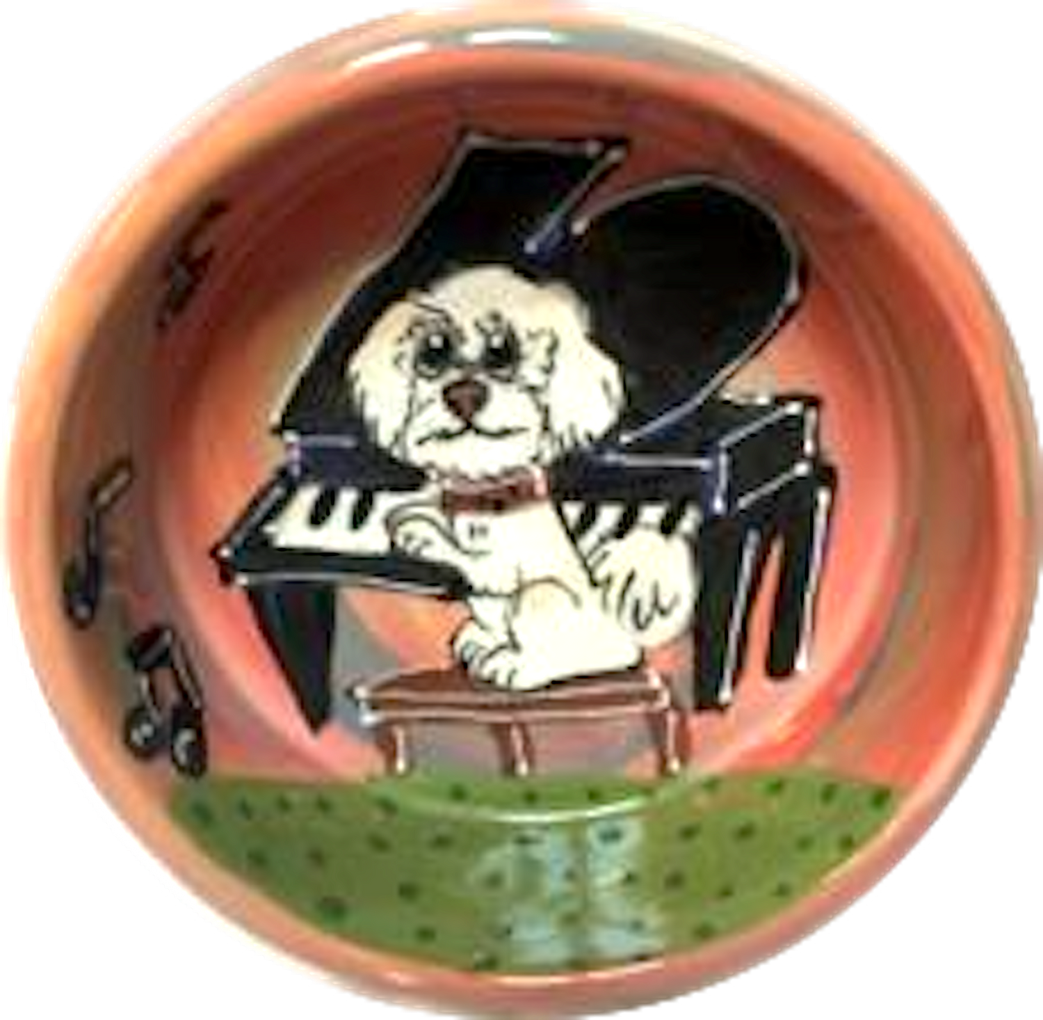 Photo of bichon dog playing Piano hand painted on ceramic dog bowl by Debby Carman, faux paw petique