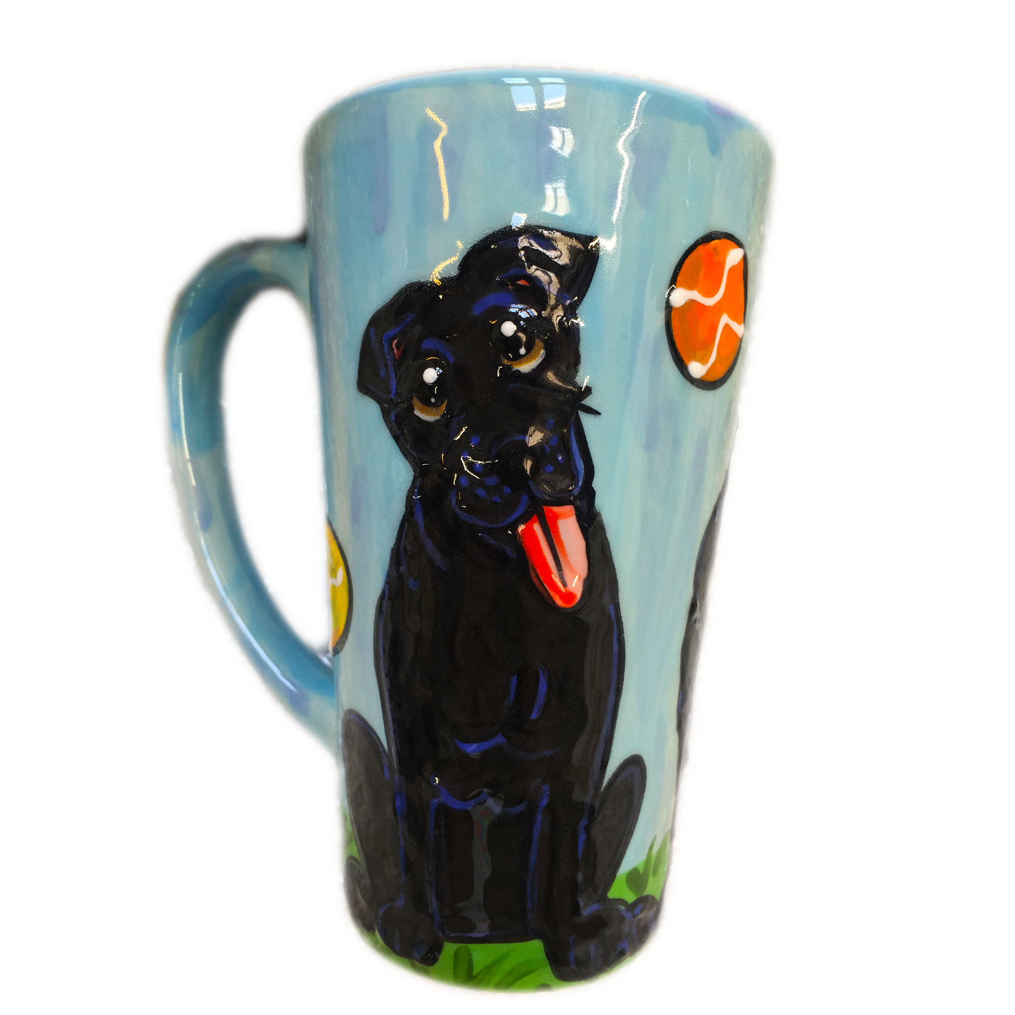 PHOTO OF BLACK LABRADOR ON BLUE PAITED CERAMIC COFFEE MUG BY Debby Carman FAUX PAW