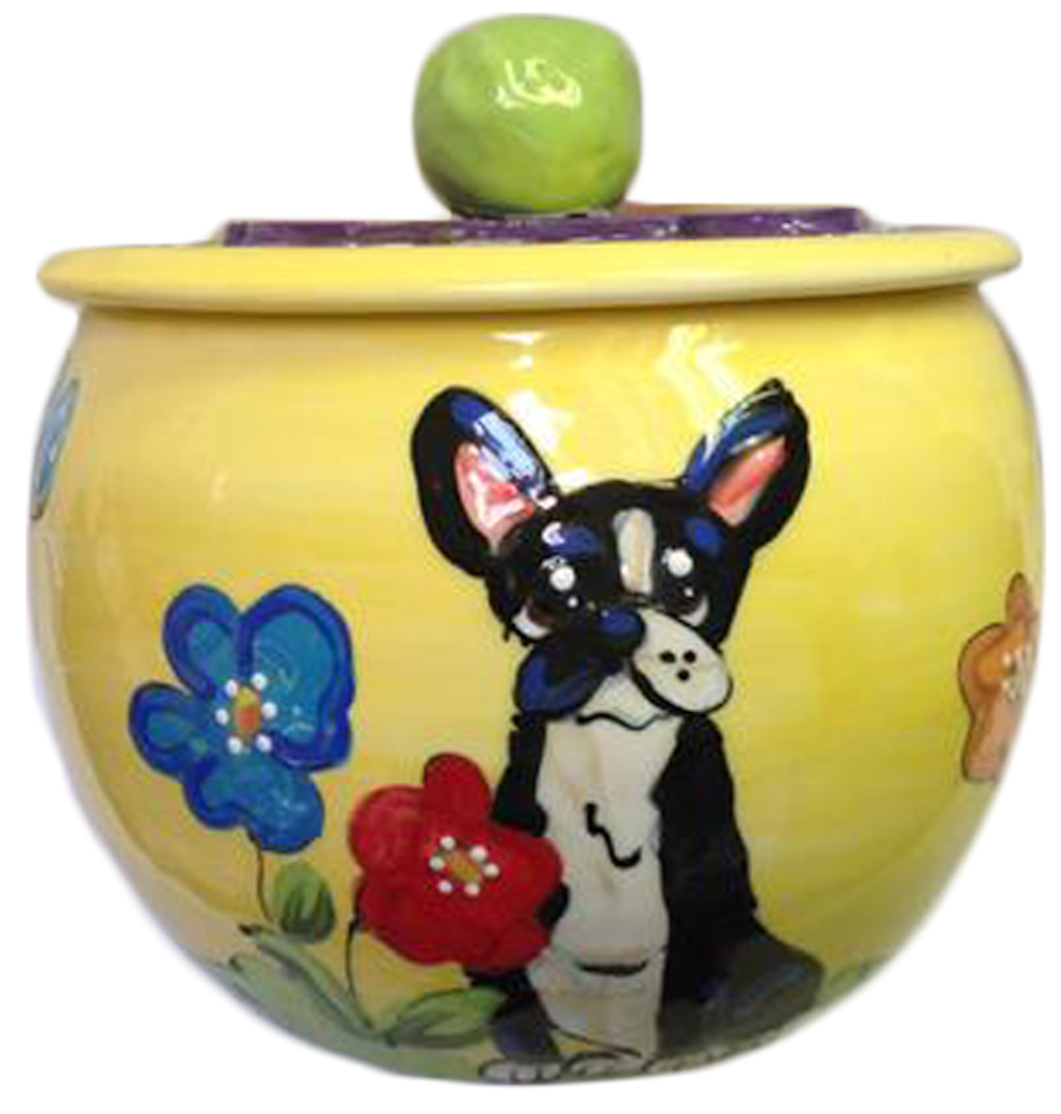 boston terrier with flowers on yellow treat jar hand painted ceramic cookie jar with lid