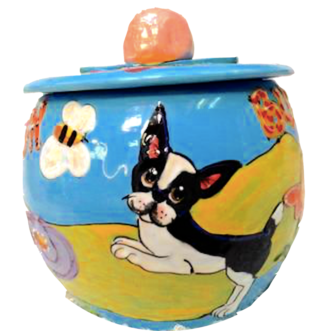 BOSTON TERRIER CHASING BUTTERFLY HAND PAINTED ON CERAMIC TREAT JAR