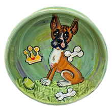 Yellow with blue swirl Dog Bowl Featuring Hand-Painted Boxer Dog by Debby Carman