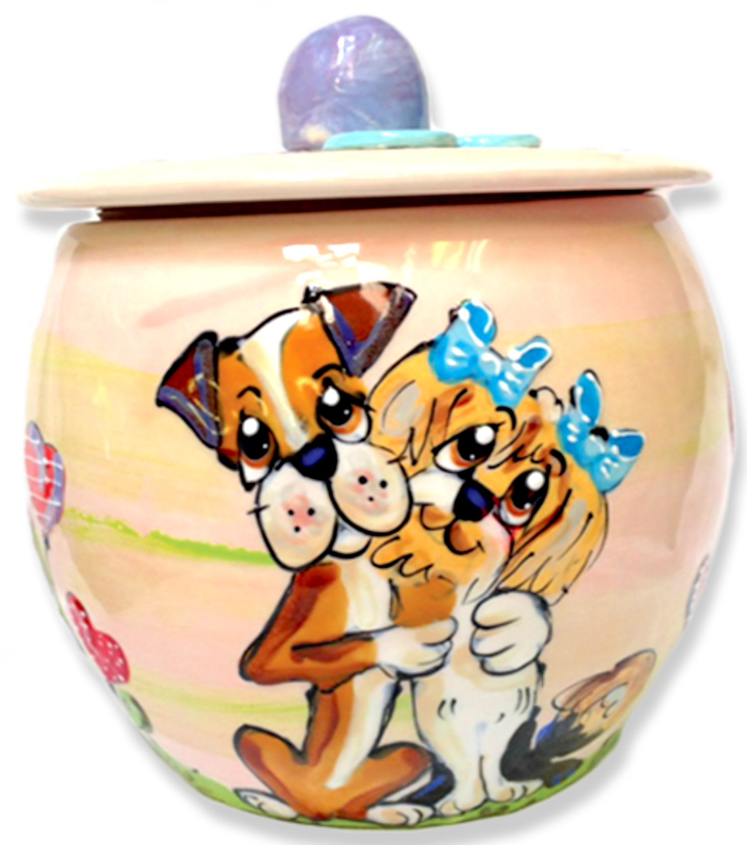 BOXER AND SHIH TZU PAIR HUGGING ON CUSTOM  CERAMIC DOG TREAT JAR BY Debby Carman CUSTOM PET PORTRAIT PERSONALIZED COOKIE JAR FOR DOGS