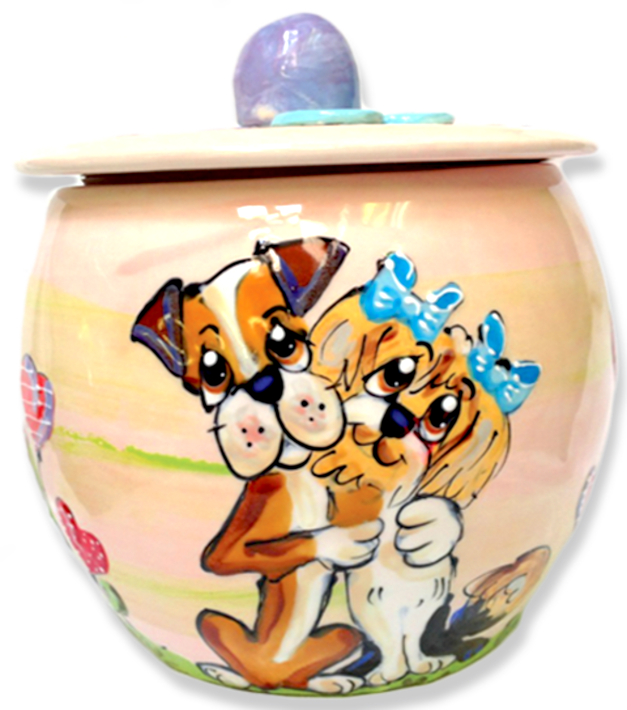 BOXER AND SHIH TZU PAIR HUGGING ON CUSTOM  CERAMIC DOG TREAT JAR BY Debby Carman CUSTOM PET PORTRAIT PERSONALIZED COOKIE JAR FOR DOGS