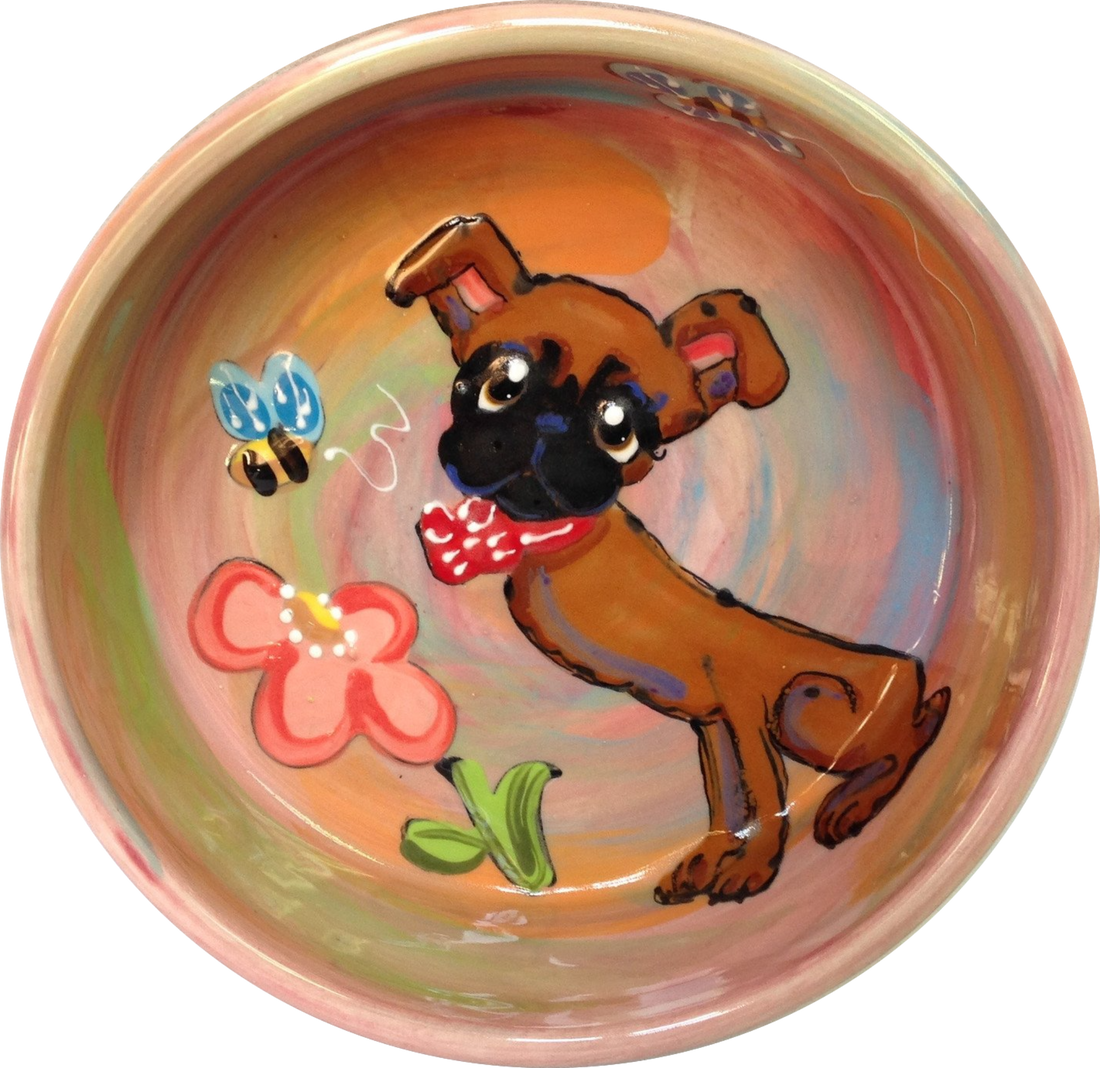 IMAGE OF BRUSSELS GRIFFON IN FLOWER GARDEN HAND PAINTED ON CERAMIC DOG BOWL POTTERY BY FAUX PAW PRODUCTIONS ARTIST Debby Carman