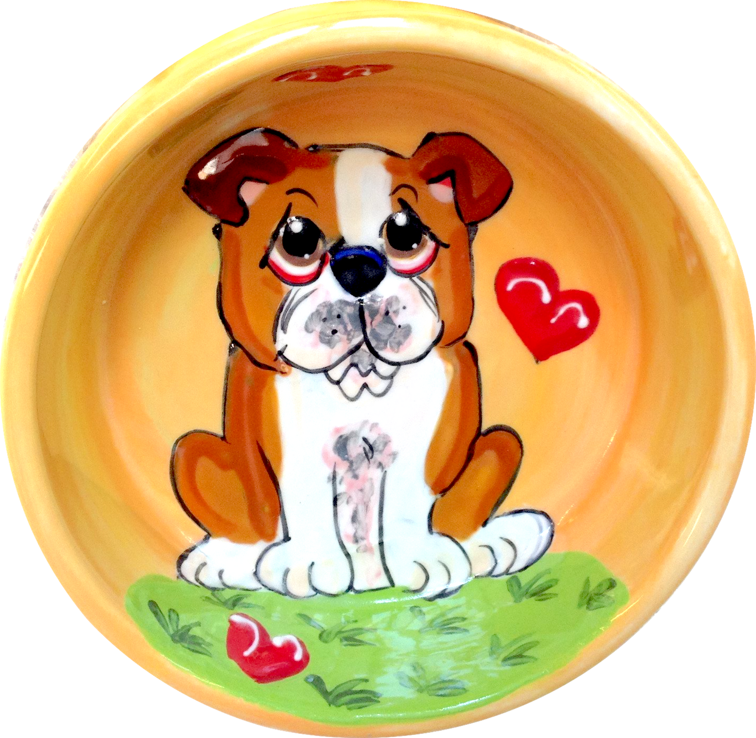 English bulldog puppy dog bowl with hearts on ceramic food and water bowl hand painted by faux paw artist Debby Carman of Laguna Beach California 