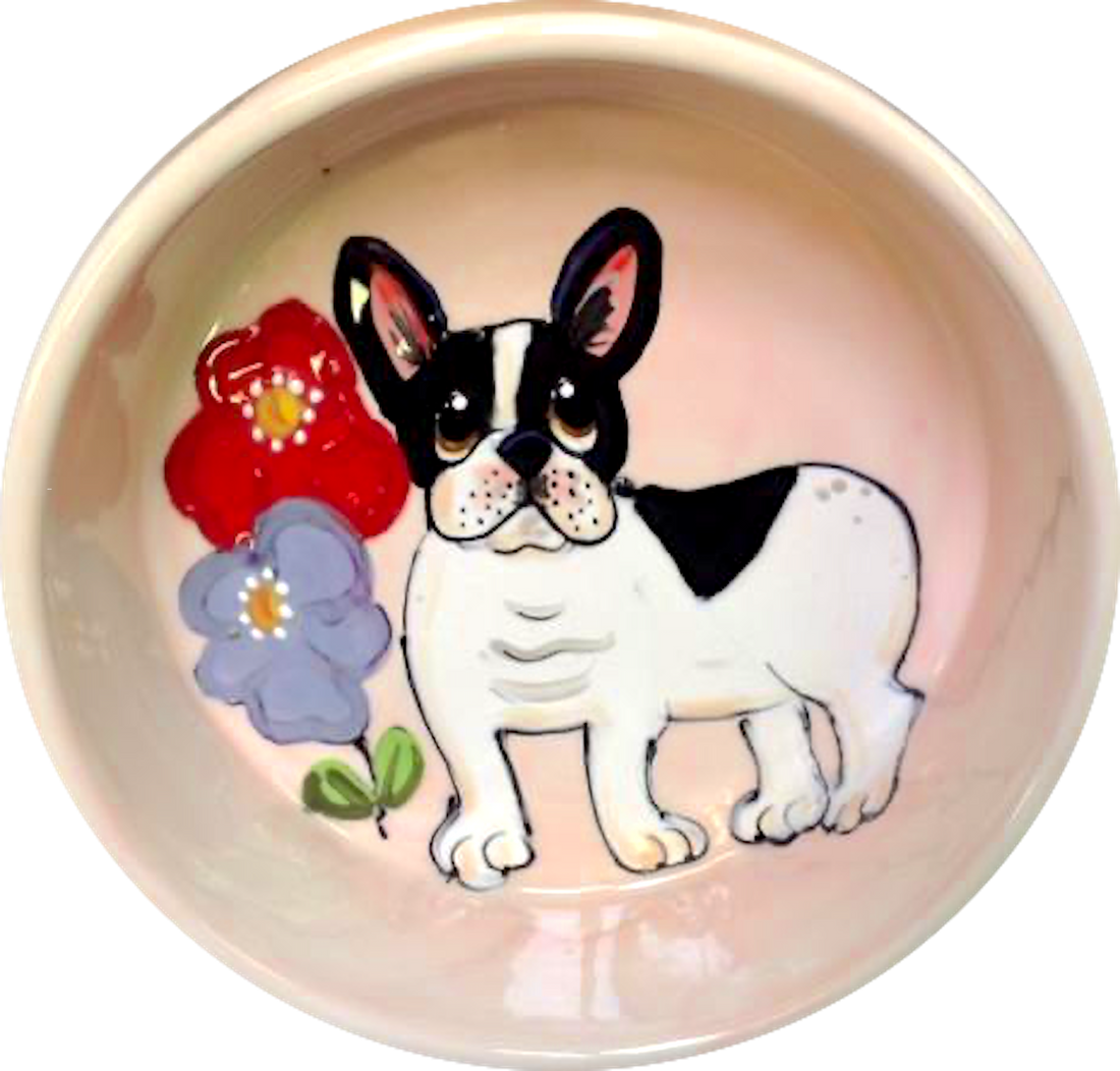 Boston Terrier painting on ceramic dog bowl by debby carman