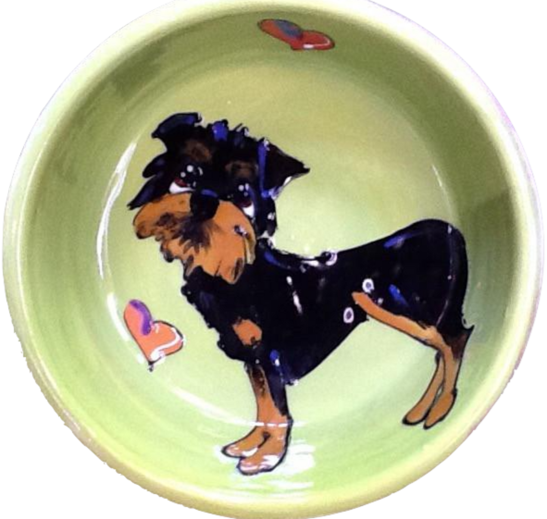 IMAGE of Brussels Griffon Dog on green ceramic pet food Bowl pottery with hearts hand painted by faux paw productions artist Debby Carman 