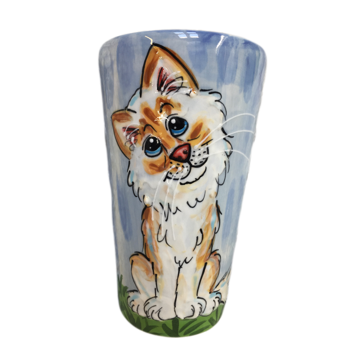 image of kitten painted on tall ceramic latte mug by debby carman