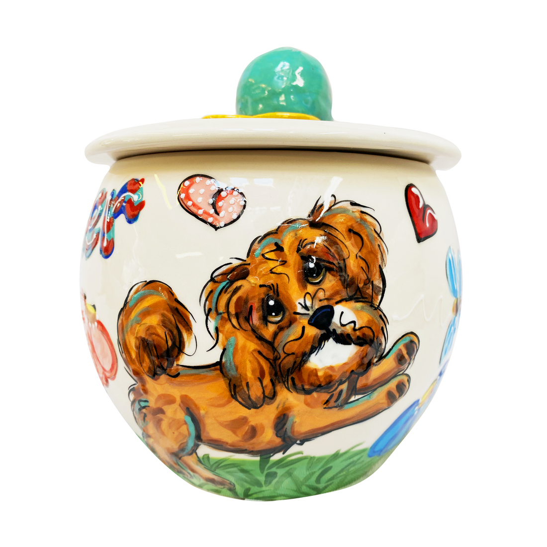 CAVAPOO DOG ON CERAMIC TREAT JAR FROM Debby Carman GIFT COLLECTION