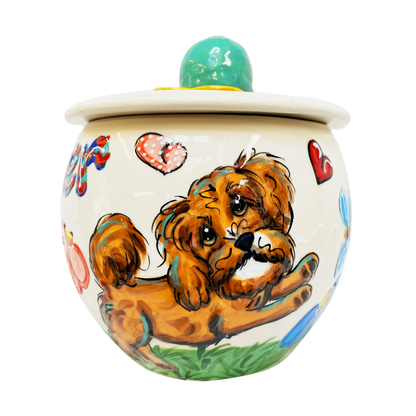 CAVAPOO DOG ON CERAMIC TREAT JAR FROM Debby Carman GIFT COLLECTION