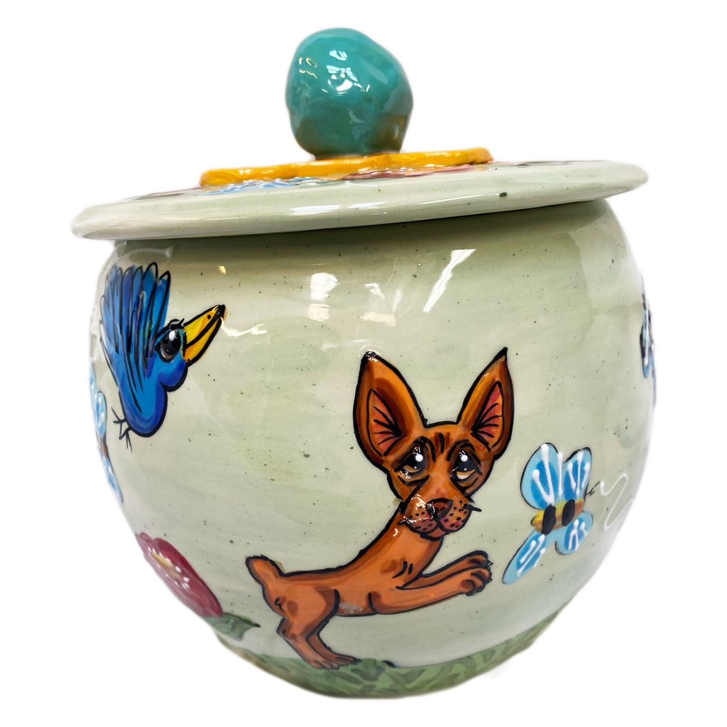 custom personalized cookie jar for dog treats by Debby Carman featuring chihuahua in garden design