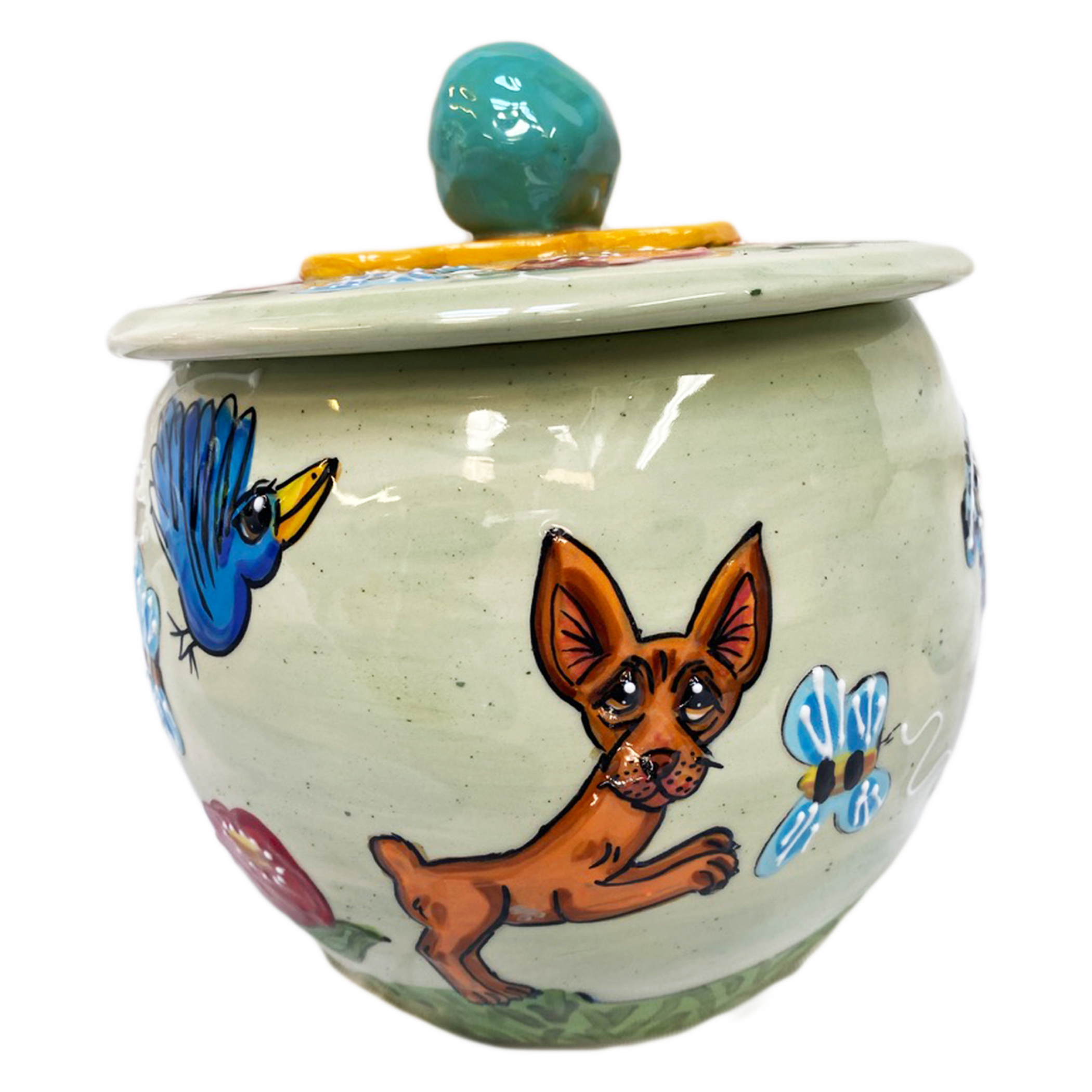 custom personalized cookie jar for dog treats by Debby Carman featuring chihuahua in garden design