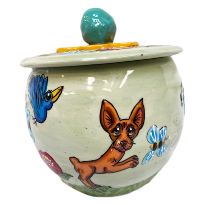 custom personalized cookie jar for dog treats by Debby Carman featuring chihuahua in garden design