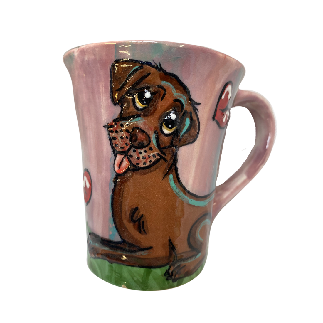 image of chocolate Labrador handprinted on ceramic coffee mug by debby carman