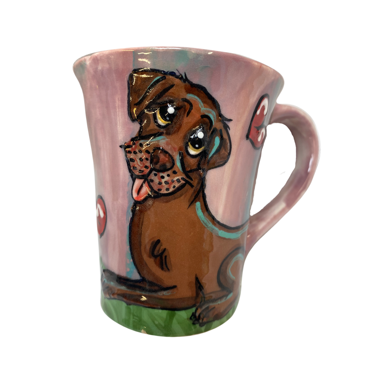 image of chocolate Labrador handprinted on ceramic coffee mug by debby carman