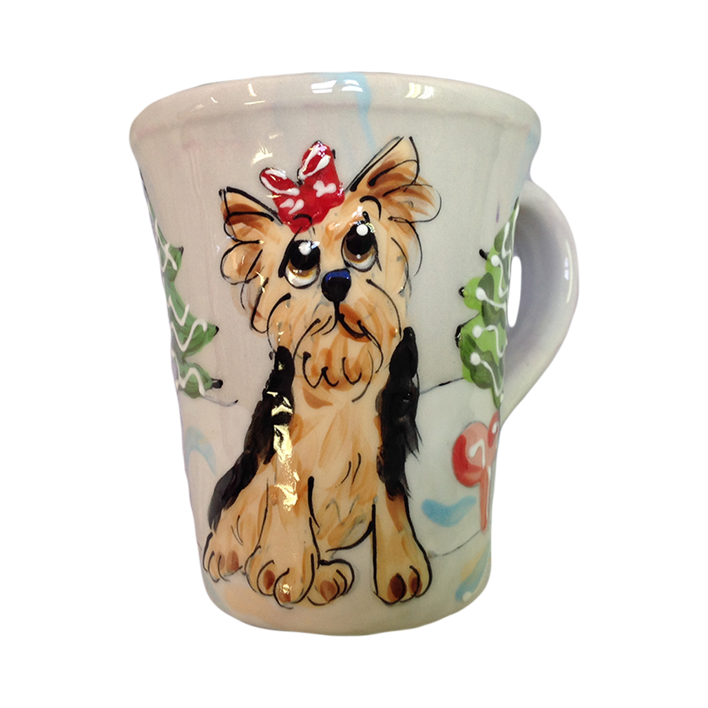 image of christmas holiday designed whimsical yorkshire terrier painting on ceramic 10 oz coffee mug by debby carman