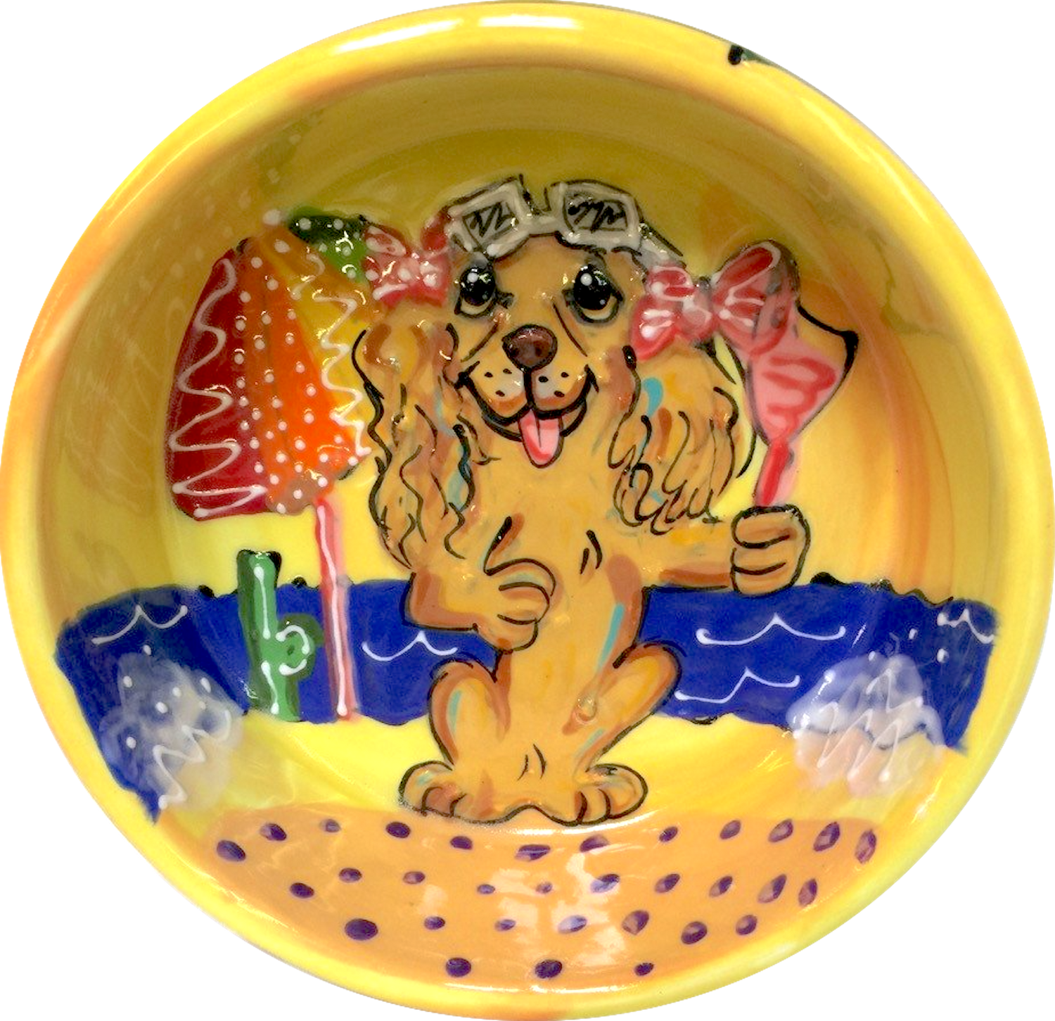 IMAGE OF COCKER SPANIEL HAPPY ON THE BEACH HAND PAINTED ON YELLOW CERAMIC DOG BOWL BY FAUX PAW PRODUCTIONS ARTIST Debby Carman 