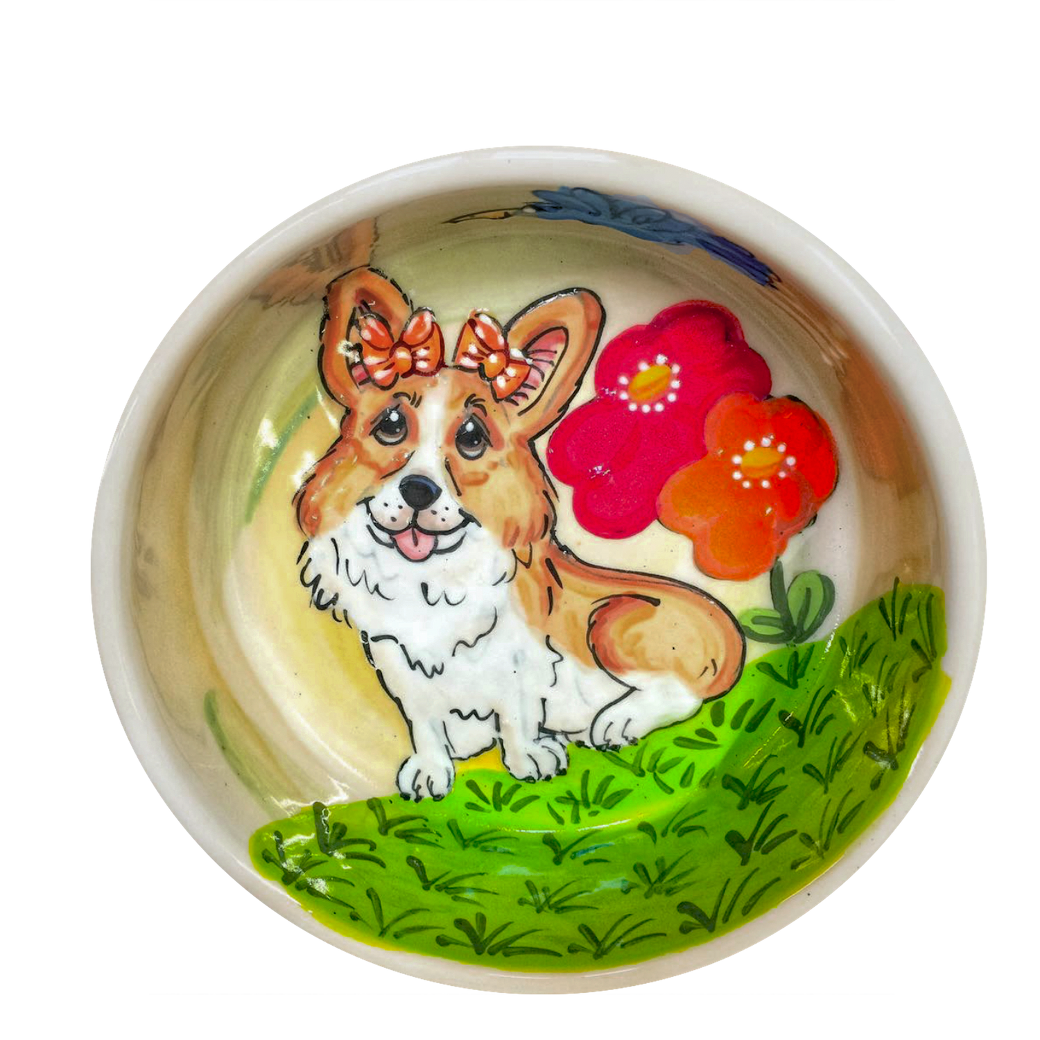 Welsh Corgi on ceramic food and water bowl hand painted by Debby Carman / faux paw productions