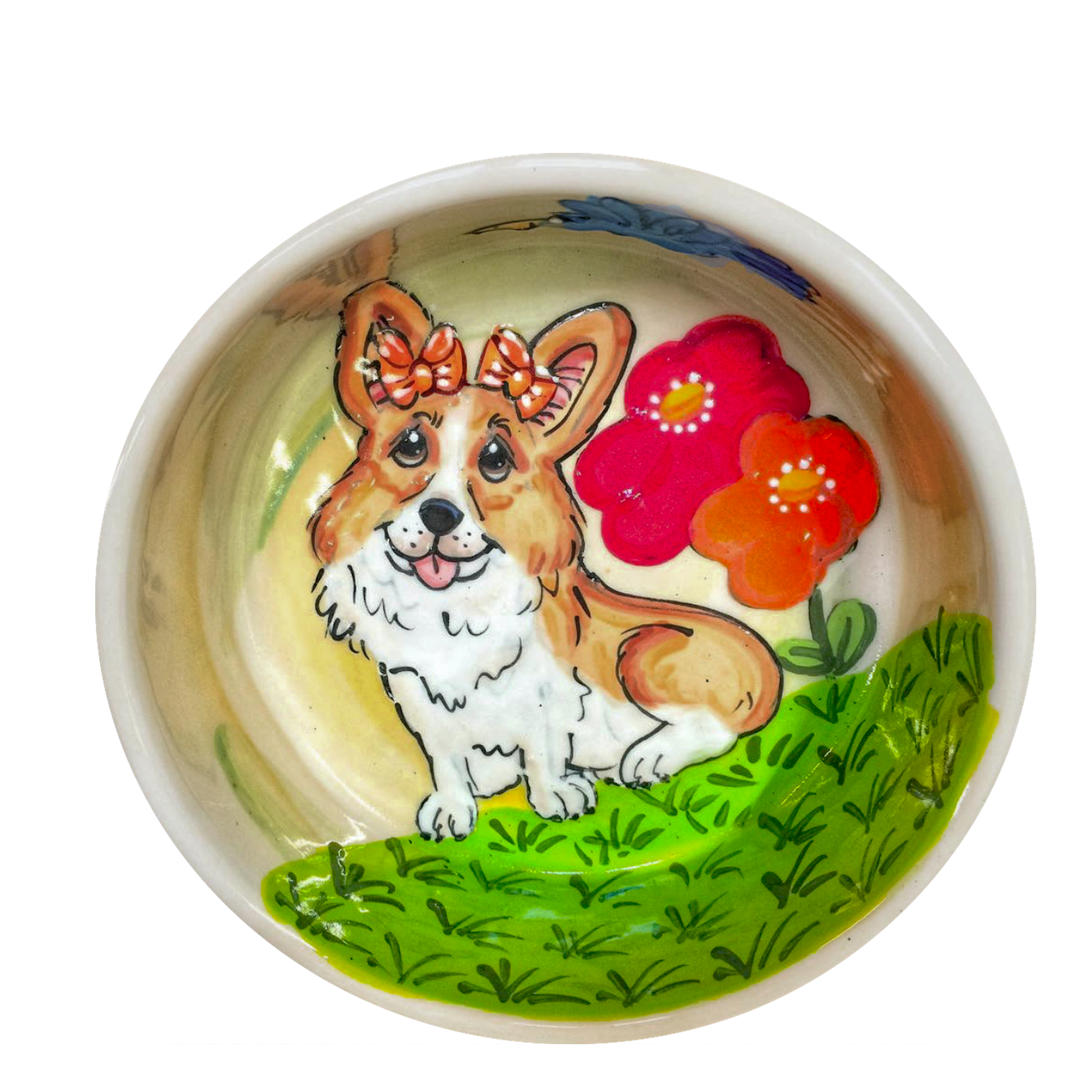 Welsh Corgi on ceramic food and water bowl hand painted by Debby Carman / faux paw productions